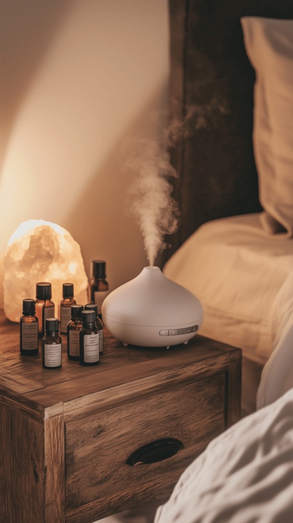 an essential oil diffuser on a bedside table with essential oil bottles