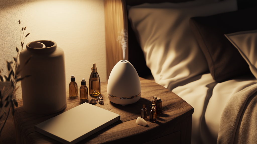 an essential oil diffuser on a bedside table