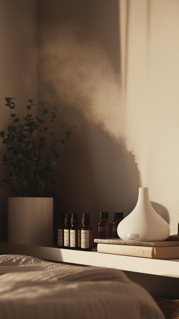 an essential oil diffuser on a stack of books in a bedroom