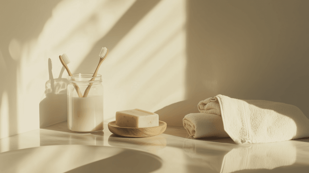 a clean minimalist bathroom counter with non toxic products