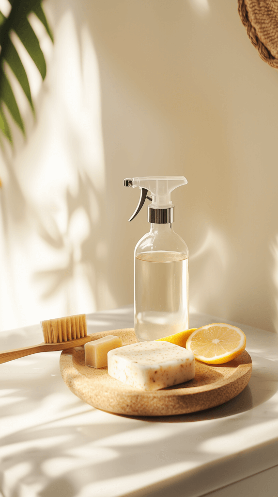 a spray bottle with diy cleaner in it on a wood tray with lemon and homemade soap bar on a bathroom counter