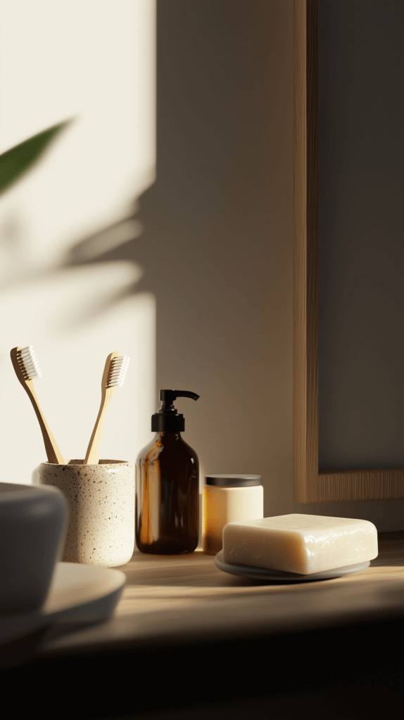 non toxic and handmade products on a bathroom counter