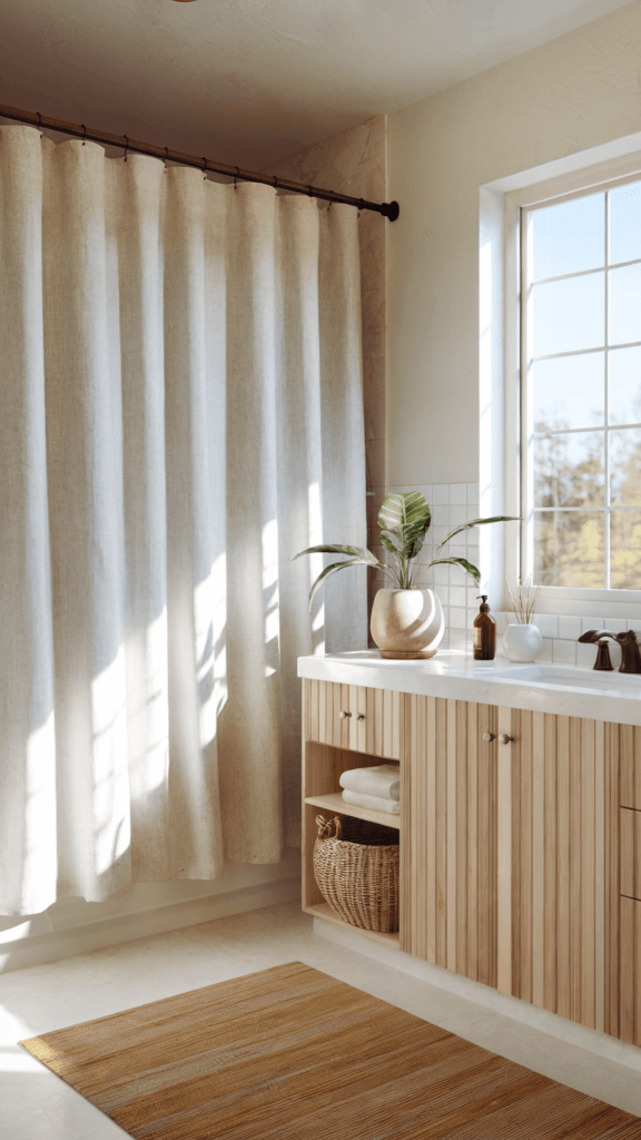 a linen shower curtain in a clean non toxic bathroom