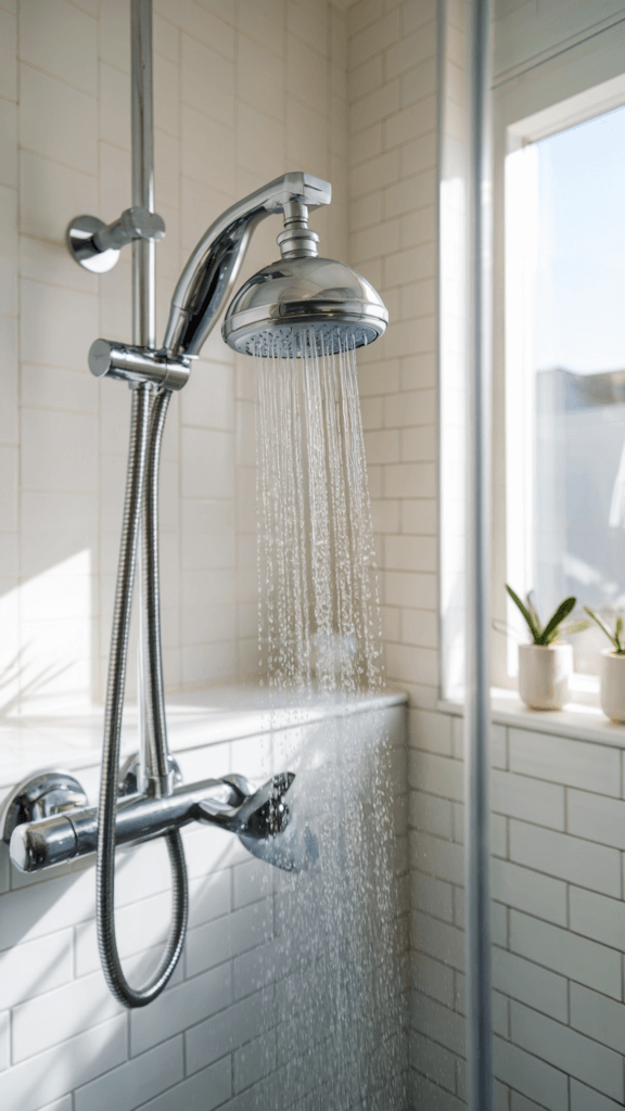 a shower head in a modern tiled shower
