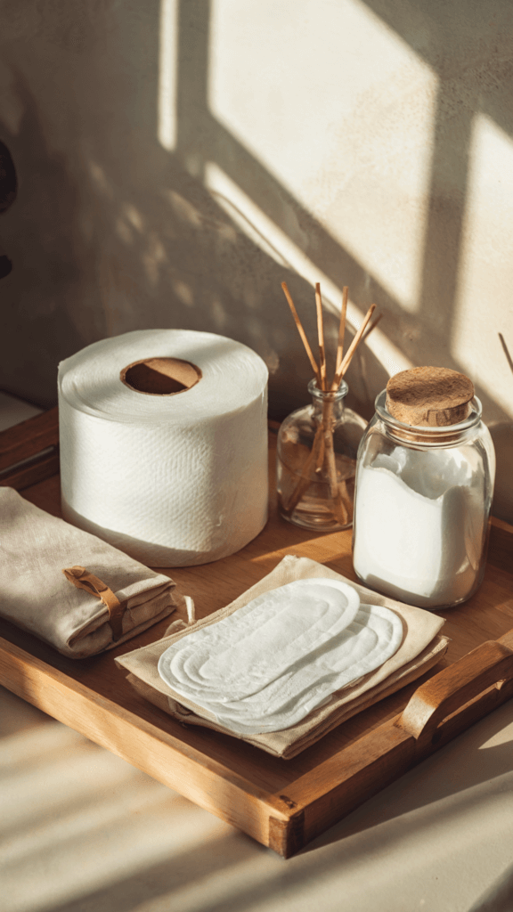 non toxic bamboo toilet paper and menstrual pads on a wooden tray