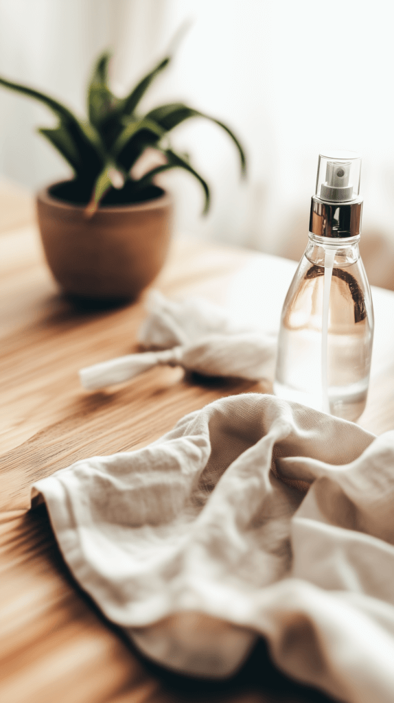 diy air freshener in a spray bottle on a counter with a linen napkin