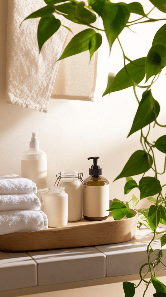 non-toxic bathroom self care bottles sitting on a shelf with a folded towel