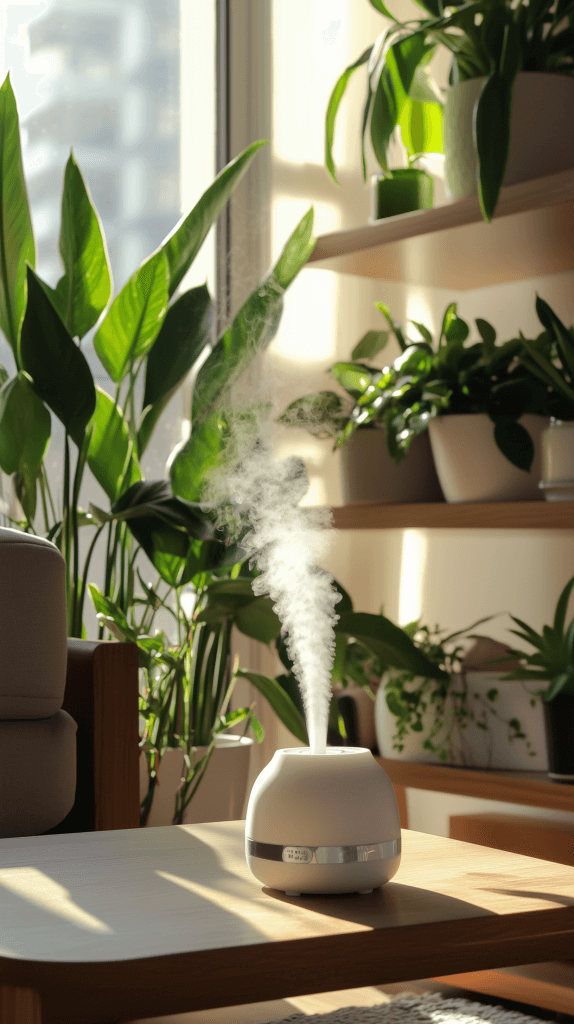 an essential oil air diffuser emitting steam on a living room coffee table.
