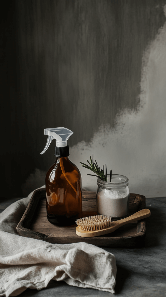handmade cleaning spray, wooden brush and baking soda on a wooden tray