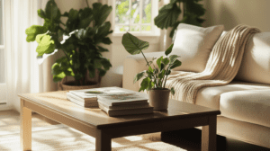 a non toxic living room with a white sofa and coffee table with plant and books