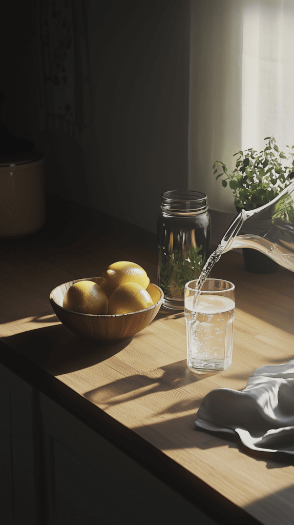 a glass pitcher pouring filtered water into a glass on a sunny kitchen counter next to a bowl of lemons