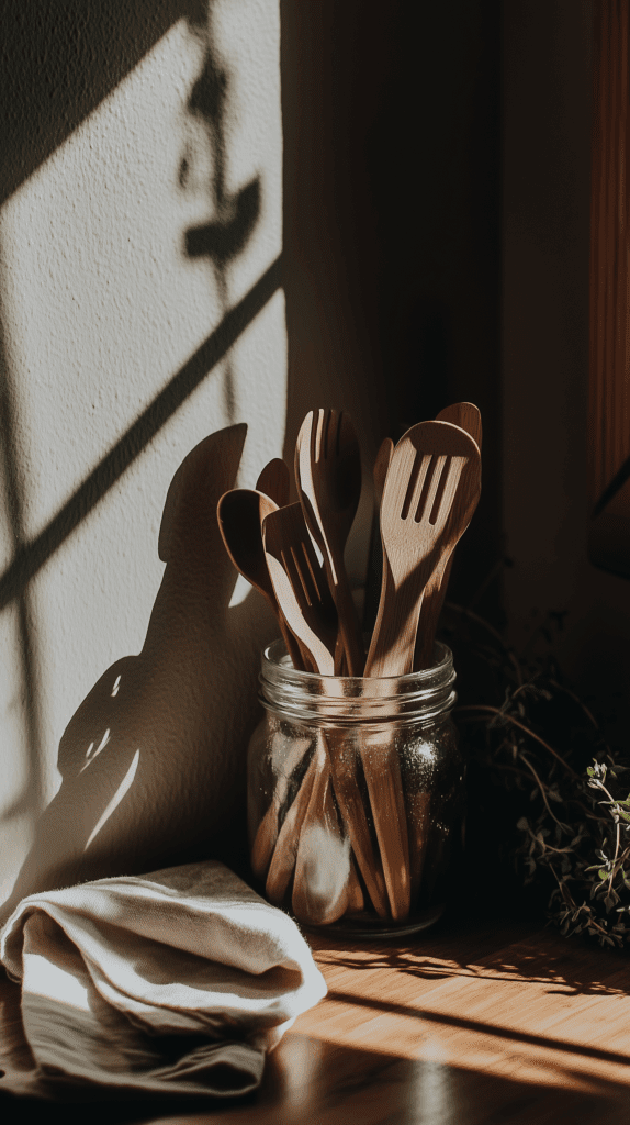 a set of wooden kitchen utensils in the sunlight on a counter