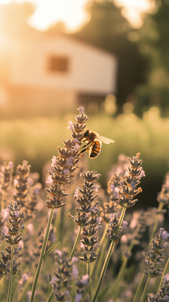 pollinator-garden-bee-lavender a bee pollinates a lavender plant in the sunshine in a lush backyard