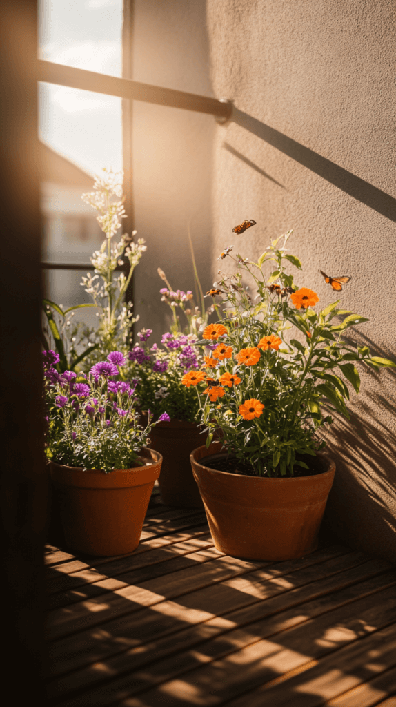 pollinator-garden-flower-pots-balcony2 pots of pollinator flowers on a sunny apartment balcony
