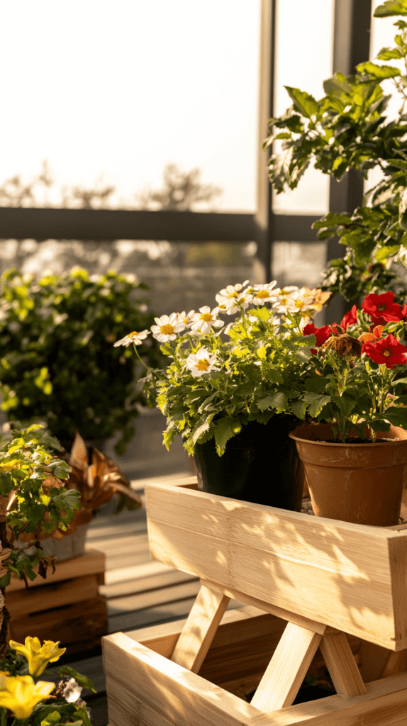 pollinator-garden-rooftop-balcony-flowers pots of pollinator flowers on an apartment balcony