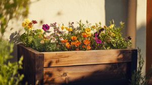 a raised garden bed with pollinator flowers in a backyard