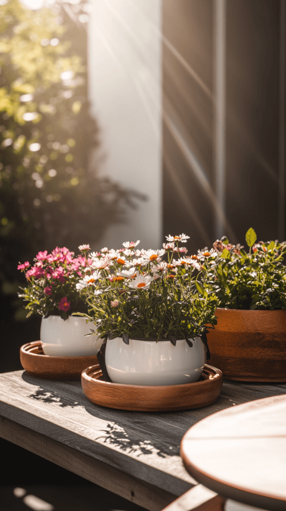 pollinator-garden-wildflower-pots pots of pollinator flowers in a backyard