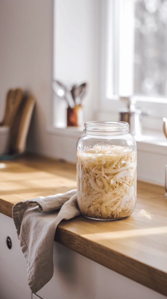 a jar of shredded cabbage fermenting on a kitchen counter