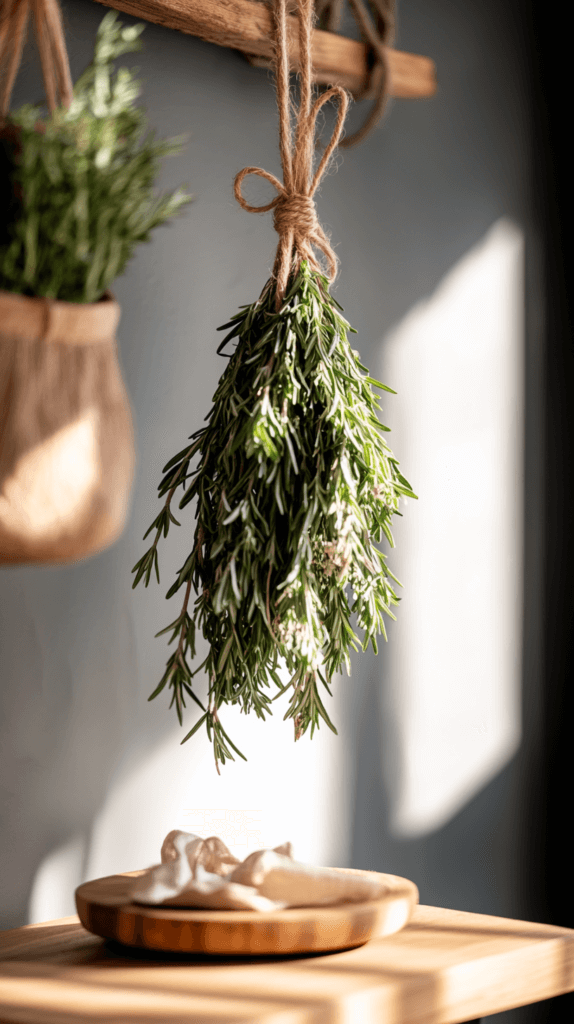 a bundle of rosemary hanging to dry in a modern kitchen
