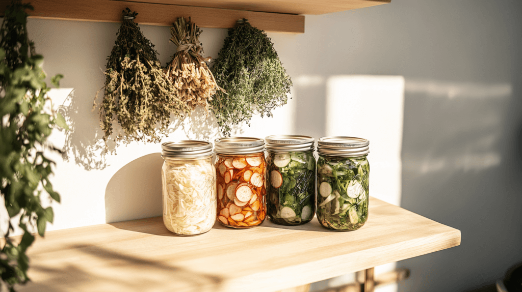 a selection of preserved jars of vegetables on a counter in the sunshine with dried herbs hanging on the wall.
