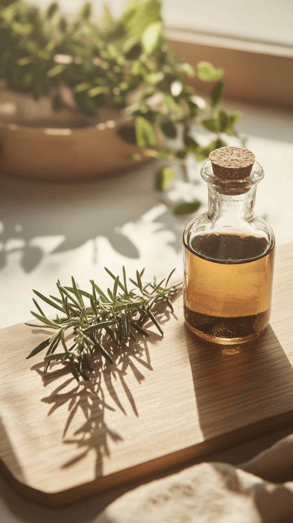 a jar of infused olive oil next to a rosemary sprig on a wooden tray