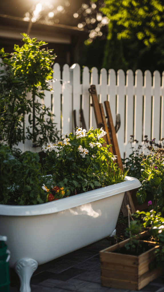 an old vintage bathtub turned into a backyard garden planter