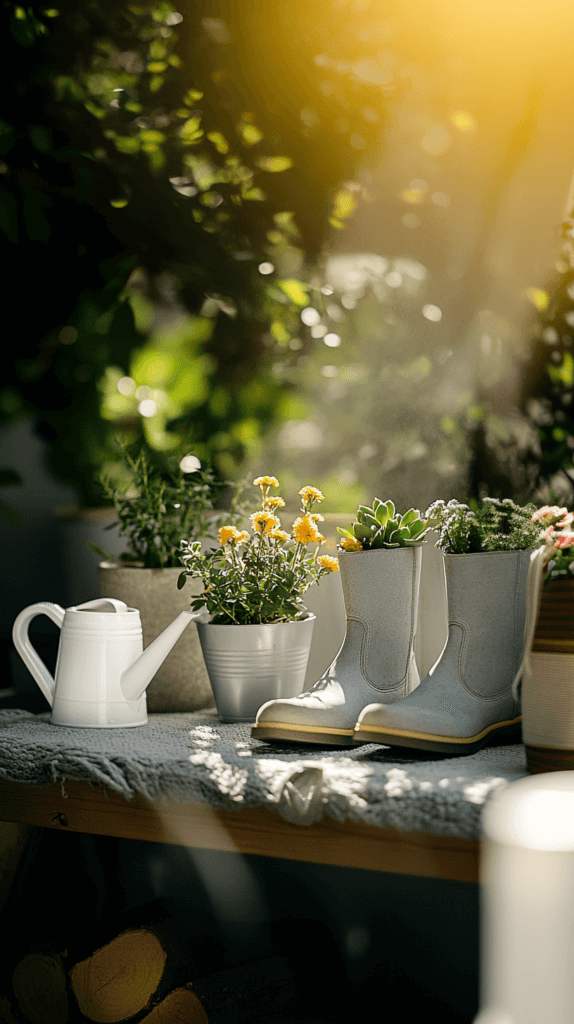 a pair of old boots turned into planters