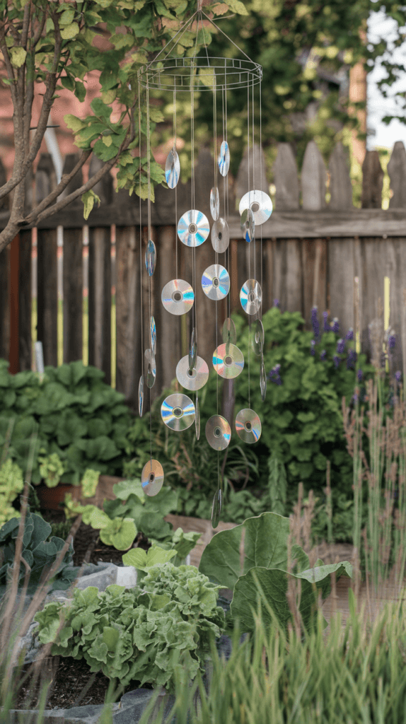 a mobile made from recycled cds hangs from a tree in a backyard