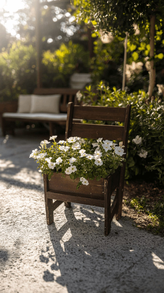 an old chair turned into a planter in a backyard