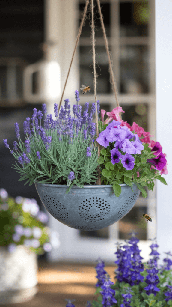 a hanging flower planter made from a collander in a backyard