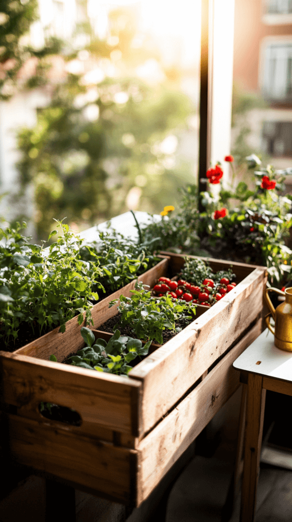 an old crate used as a planter on an apartment balcony