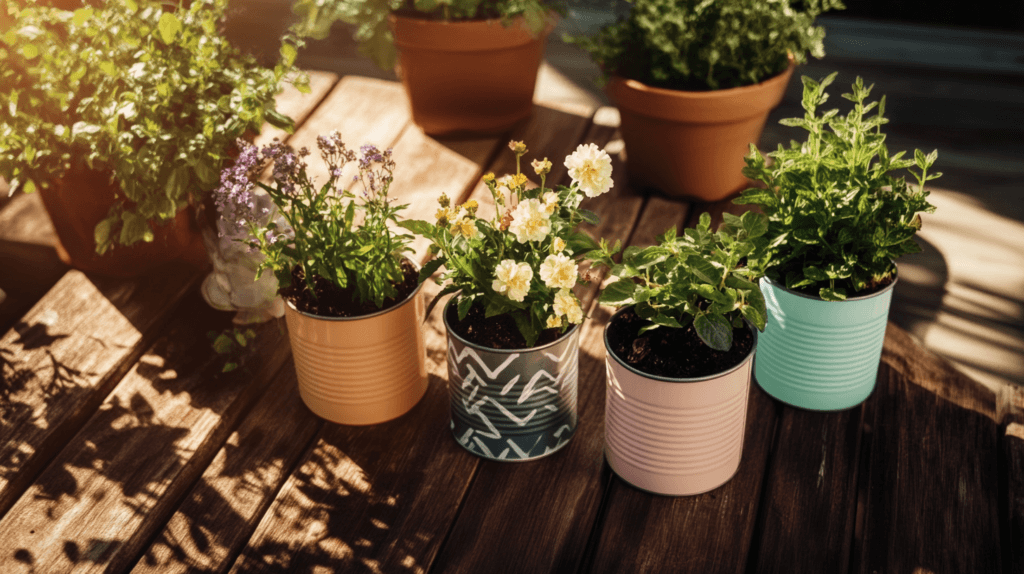 a collection of upcycled painted tin cans used as planters on a rustic wooden table