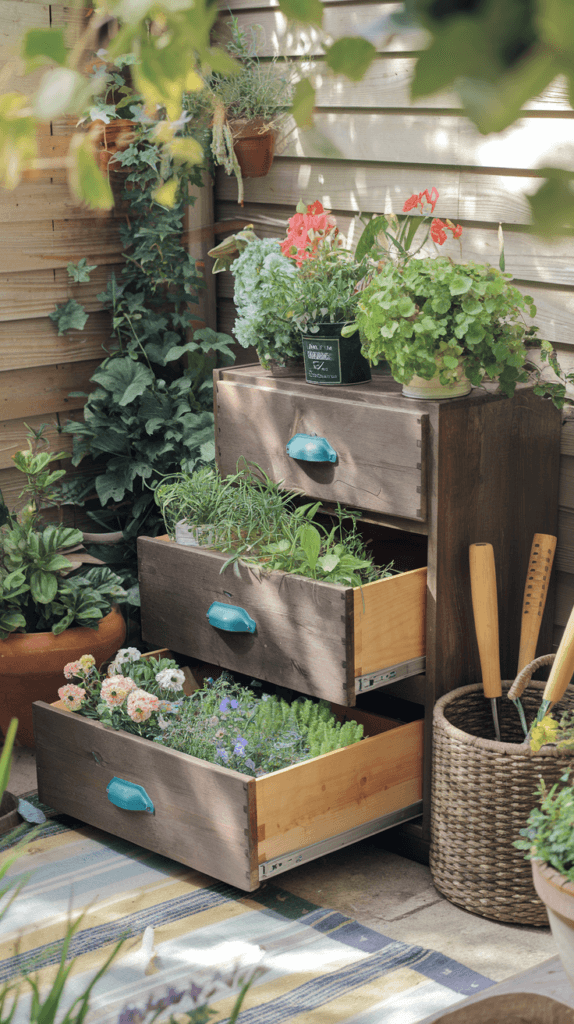 a repurposed dresser drawers turned into planters for herbs and vegetables