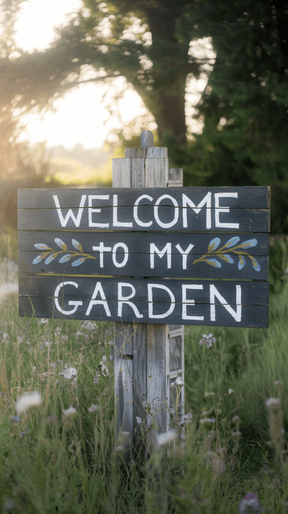 a hand painted sign that says Welcome To My Garden in a backyard garden