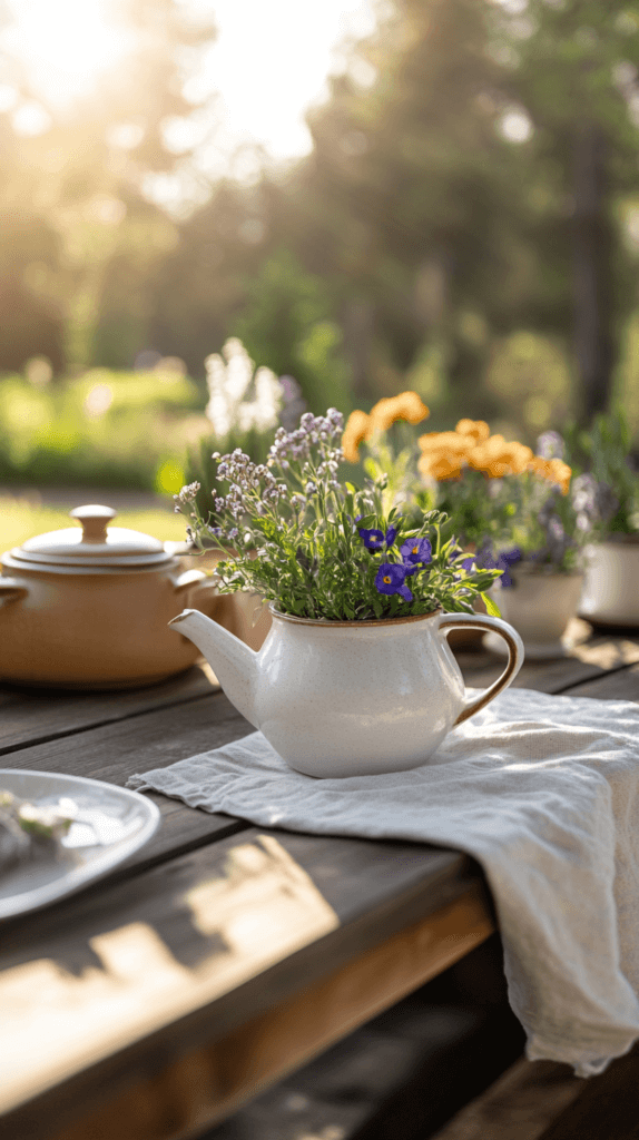 a recycled ceramic teapot made into a flower pot