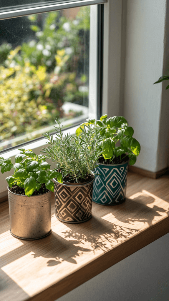recycled painted tin can herb planters on a sunny wooden shelf
