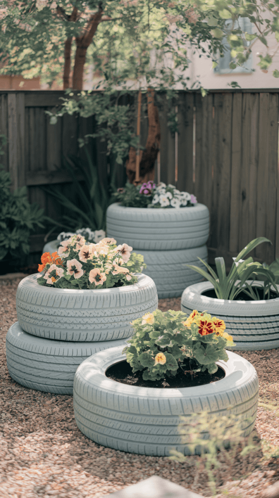 repurposed tires painted and used for garden beds