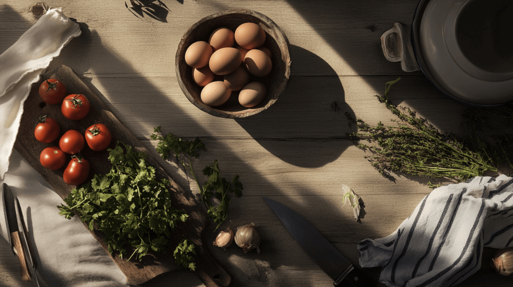overlay of farm fresh eggs, tomatoes and herbs on a rustic kitchen counter