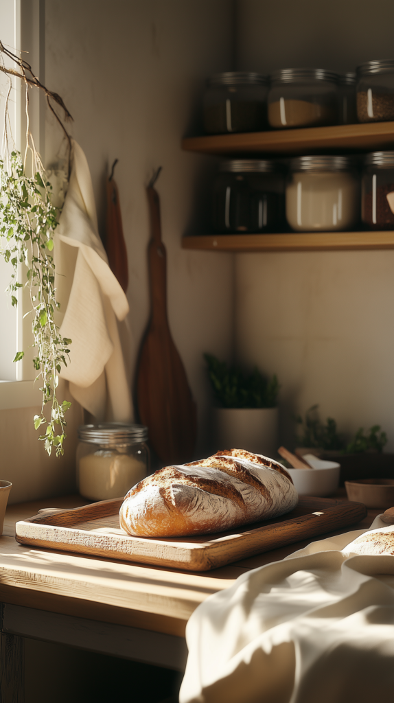 self-sufficient-kitchen-breadandherbs sourdough bread on a rustic kitchen counter