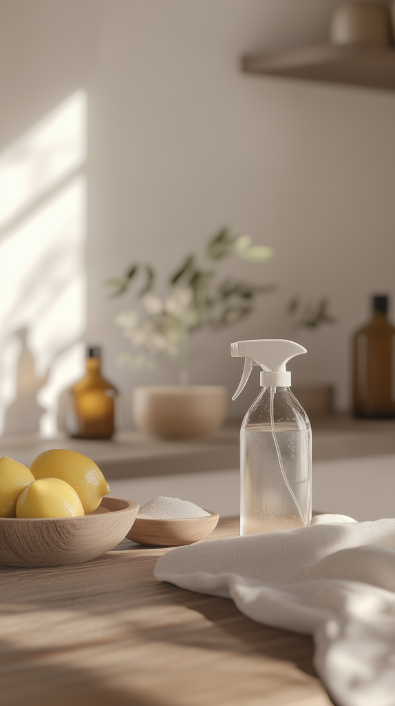 self-sufficient-living-cleaner a spray bottle with homemade cleaner on a kitchen counter next to a bowl of lemons