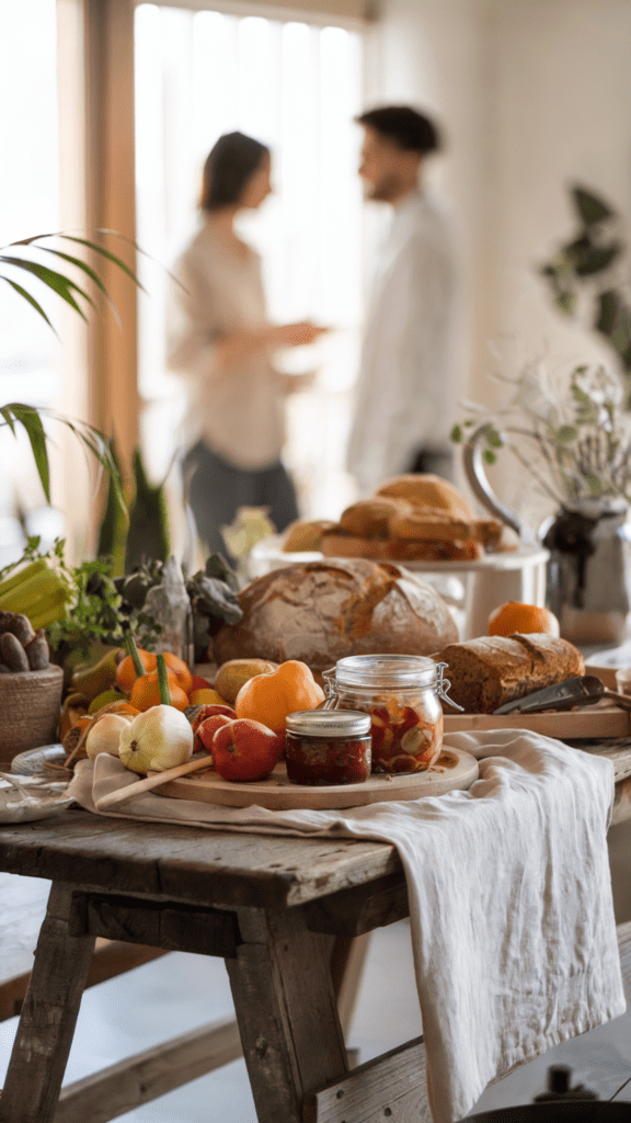 self-sufficient-living-community a table with fresh homestead food