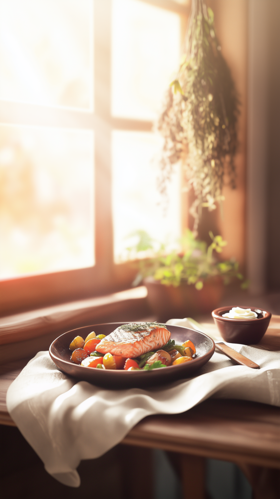 self-sufficient-living-cooking a plate of salmon and vegetables in a rustic kitchen