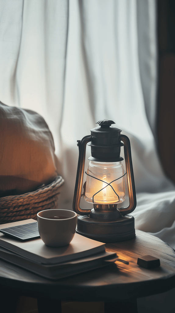 self-sufficient-living-energy a lamp sits on a rustic wooden table next to a book and cup of tea