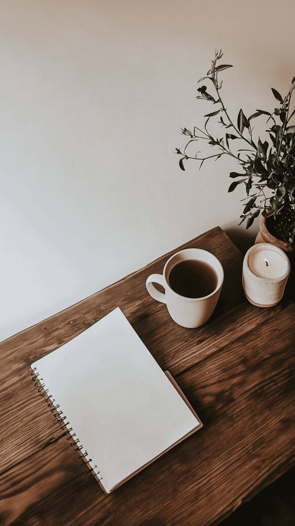 self-sufficient-living-financial-planning a blank journal with a cup of coffee on a rustic wooden desk