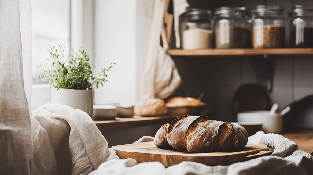 a loaf of homemade sourdough bread on a kitchen counter
