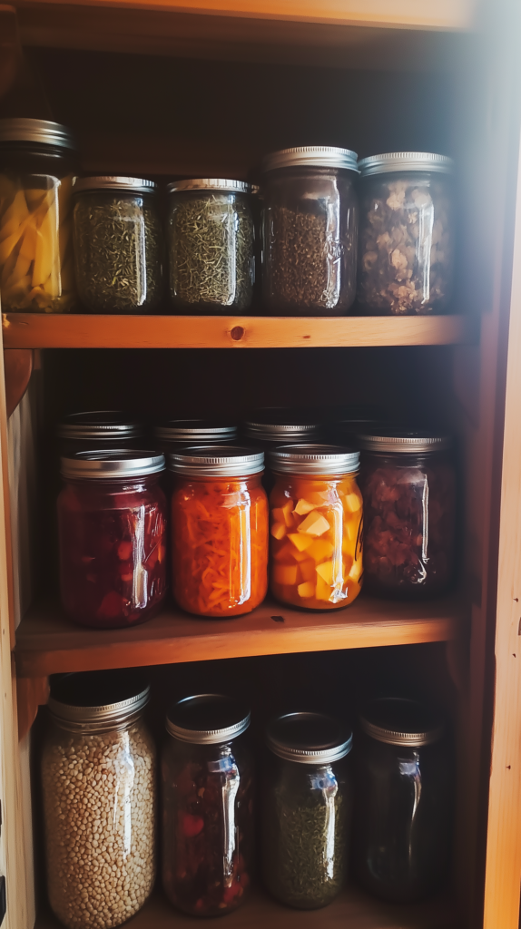 self-sufficient-living-preserved-food jars of preserved vegetables on a rustic wooden shelf