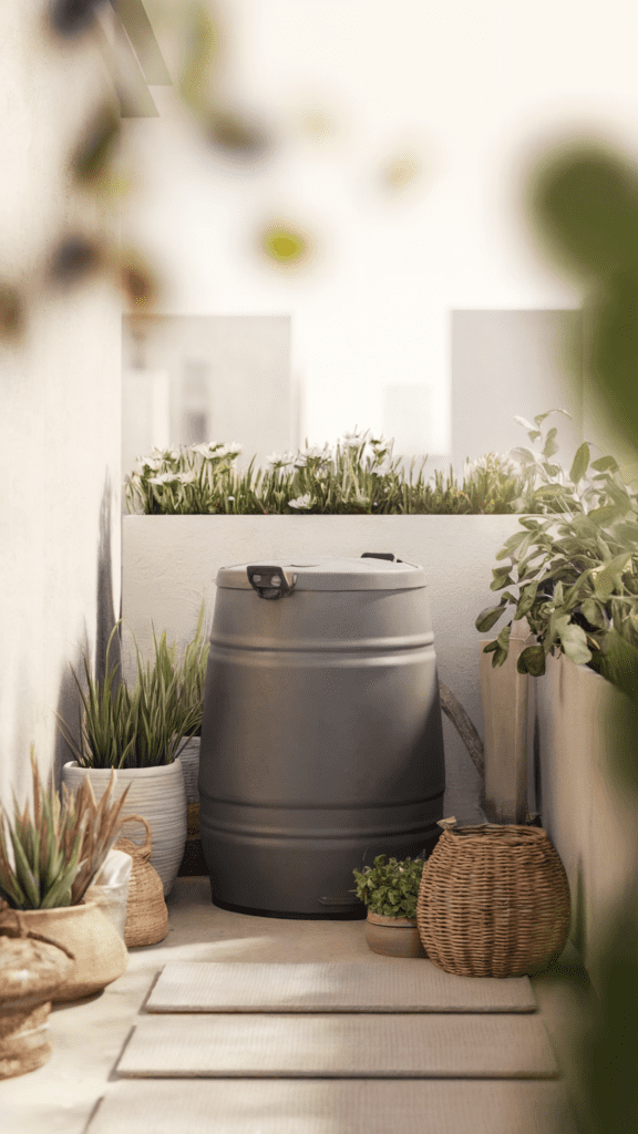 self-sufficient-living-rainwater a rainwater collection barrel on an apartment balcony
