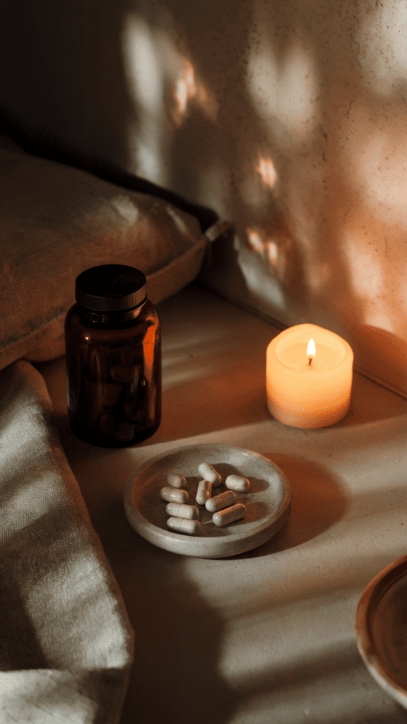 a bottle of magnesium capsules and a candle on a counter at night
