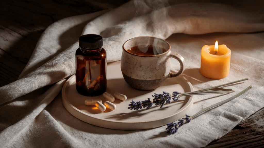 a bedside table with cup of tea, candle and magnesium capsules