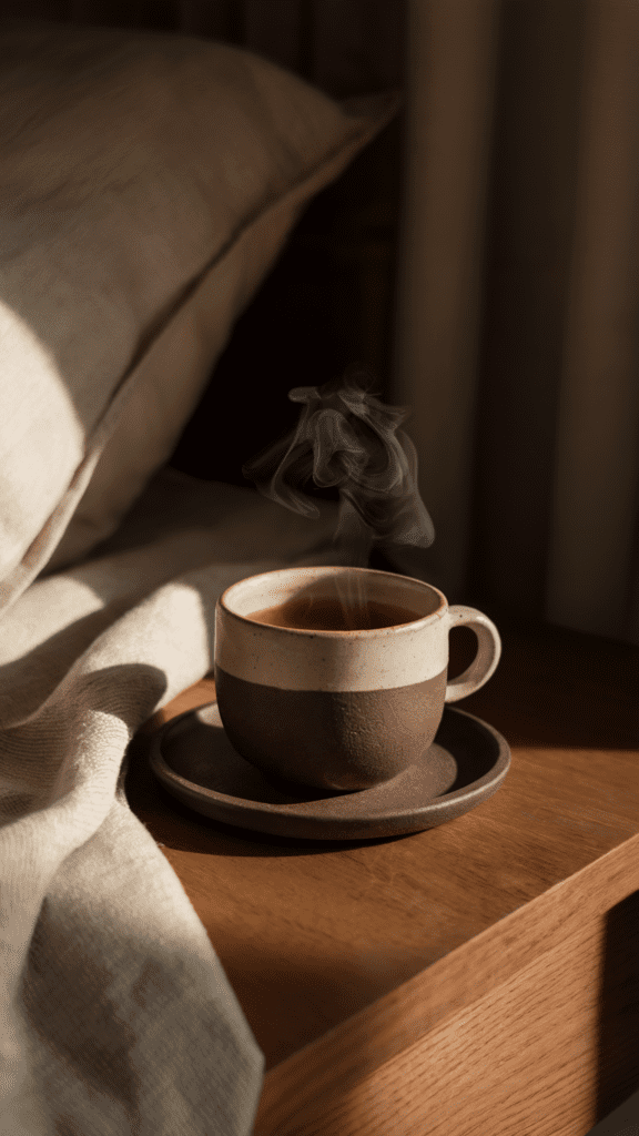 a cup of tea next to a bed